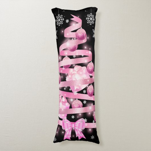 White Snowflake Light Roze Kerstaboom met lint Lichaamskussen (Voorkant Verticaal)