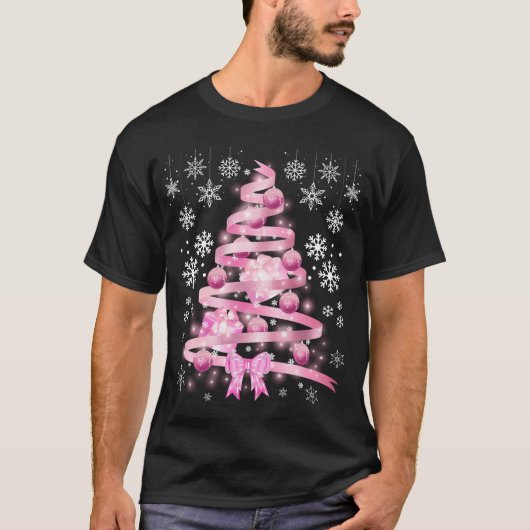White Snowflake Light Roze Kerstaboom met lint T-shirt (Voorkant)