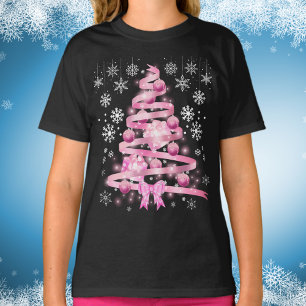 White Snowflake Light Roze Kerstaboom met lint T-shirt
