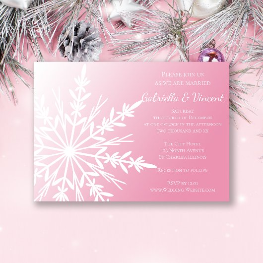 White Snowflake on Pink Winter Weddenschap Kaart