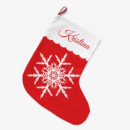White Snowflake op Red Monogrammed Grote Kerstsok (Voorkant (Hangend))