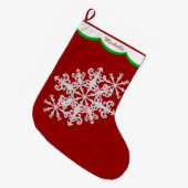 White Snowflake op Red Personalized Grote Kerstsok (Voorkant (Hangend))