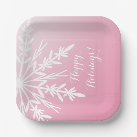 White Snowflake op roze Prettige feestdagen Papieren Bordje (Voorkant)