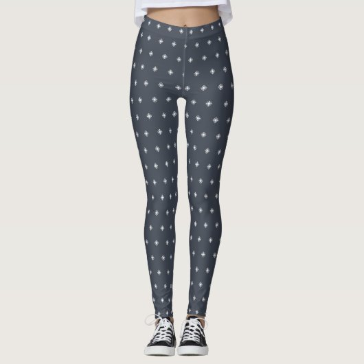 White Snowflake Pattern Kerstmis Dark Blue Leggings (Voorkant)