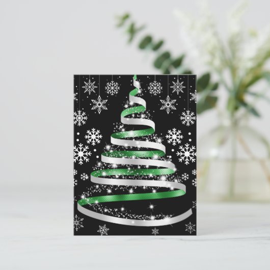 White Snowflake Silver Green Ribbon-kerstboom Briefkaart (Staand voorkant)