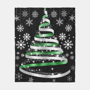 White Snowflake Silver Green Ribbon-kerstboom Fleece Deken