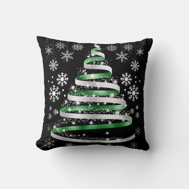 White Snowflake Silver Green Ribbon-kerstboom Kussen (Voorkant)