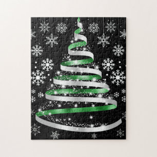 White Snowflake Silver Green Ribbon-kerstboom Legpuzzel