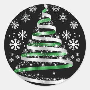 White Snowflake Silver Green Ribbon-kerstboom Ronde Sticker