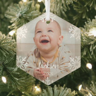 White Snowflakes Baby Foto Glas Ornament