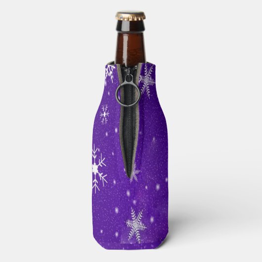 White Snowflakes Blue Background Bottle Cooler (Fles Achterkant)