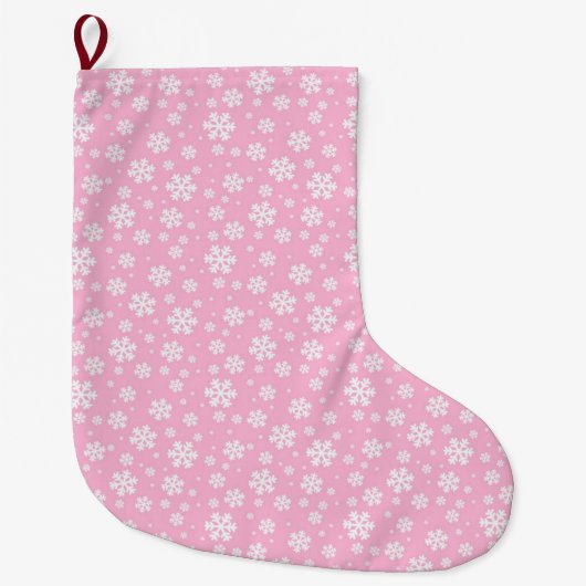 White Snowflakes on Light Pink Winter Pattern Grote Kerstsok (Voorkant)