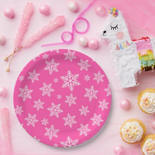 White Snowflakes on Pink Winter Pattern Papieren Bordje (Feest)