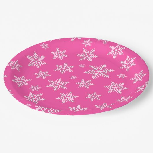 White Snowflakes on Pink Winter Pattern Papieren Bordje (Gekanteld)