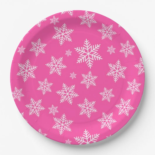 White Snowflakes on Pink Winter Pattern Papieren Bordje (Voorkant)