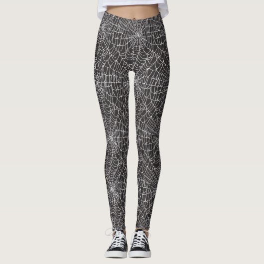 White Spider Web Halloween Design on Black Leggings (Voorkant)
