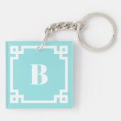 White Square Greek Key Border Aqua Blue Monogram Sleutelhanger (Achterkant)