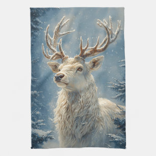 White Stag Portret Mystieke Winter Kunst Theedoek