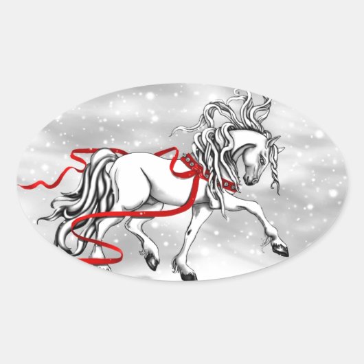 White Stallion Kerstdesign Ovale Sticker (Voorkant)