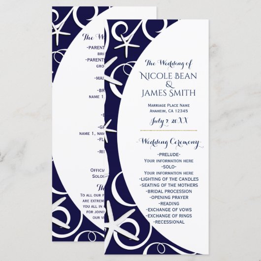 White Starfish Dark Blue Beach Programme de mariag (Devant / Derrière)