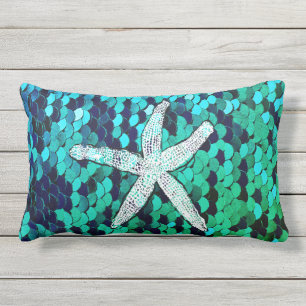 White Starfish Glittery Mermaid Sequins Green Blue Buitenkussen