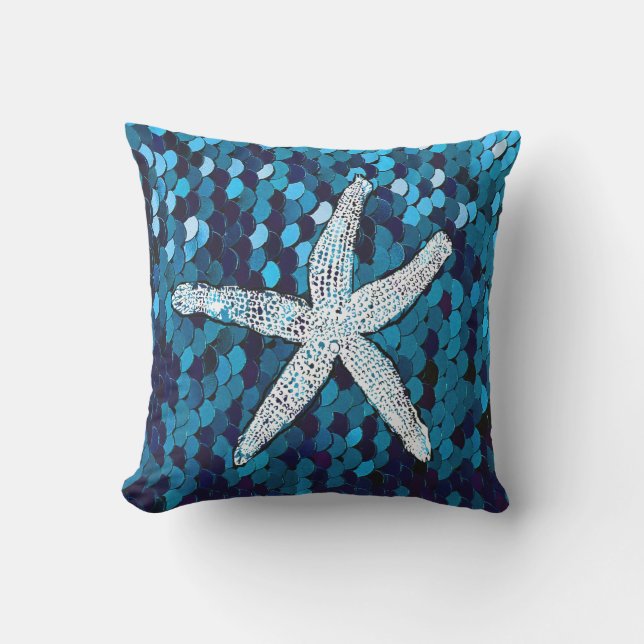 White Starfish Glittery Sparkly Mermaid Blauwgroen Buitenkussen (Voorkant)