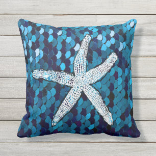 White Starfish Glittery Sparkly Mermaid Blauwgroen Buitenkussen