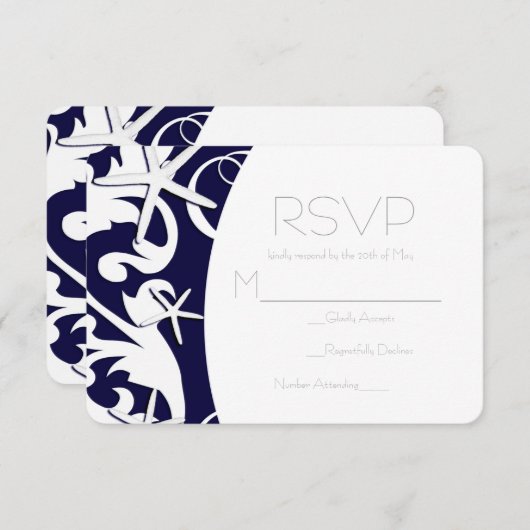 White Starfish Navy Beach Elegant Wedding RSVP (Voorkant / Achterkant)