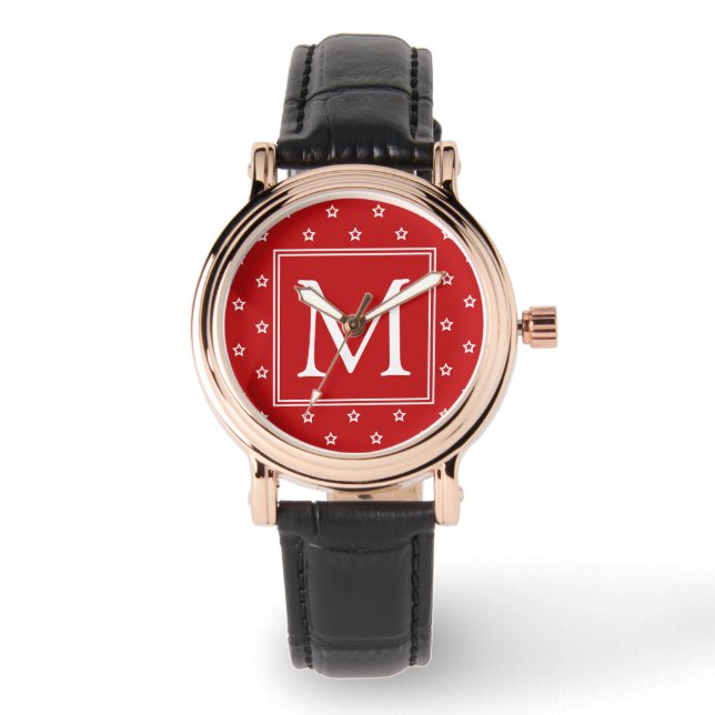 White Stars Pattern on Bright Red Monogram Horloge (Voorkant)