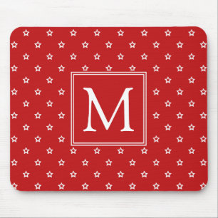 White Stars Pattern op Bright Red Monogram Muismat