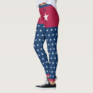 White Stars Red Blue Patriotic USA Leggings