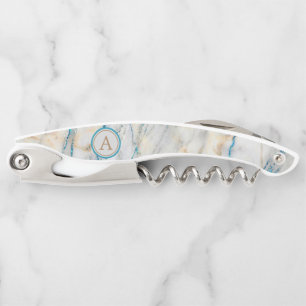 White Stone Marble Blue Glitter Monogram Kurkentrekker