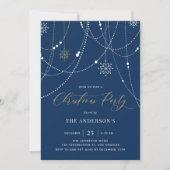 White String Lights Navy Blue Christmas Party Kaart (Voorkant)