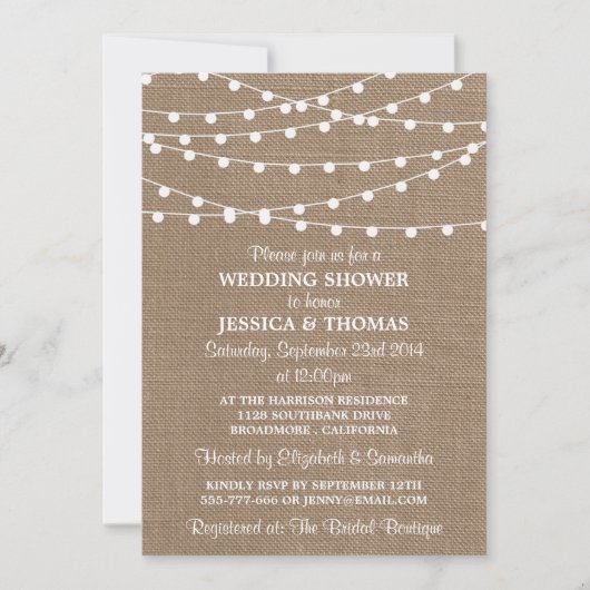 White String Lights, Rustic Burlap Wedding Shower Kaart (Voorkant)