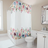 White Stripes Spring Flowers Border Accent Douchegordijn (In situ)