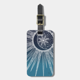 White Sun Moon Mandala Blue Gradient Design Bagagelabel