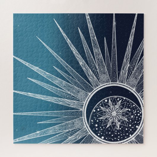 White Sun Moon Mandala Blue Gradient Design Legpuzzel (Horizontaal)