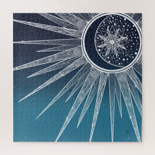 White Sun Moon Mandala Blue Gradient Design Legpuzzel (Verticaal)