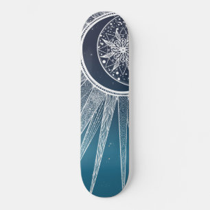White Sun Moon Mandala Blue Gradient Design Skateboard