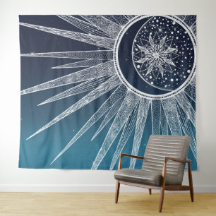 White Sun Moon Mandala Blue Gradient Design Wandkleed