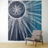 White Sun Moon Mandala Blue Gradient Design Wandkleed (In situ)