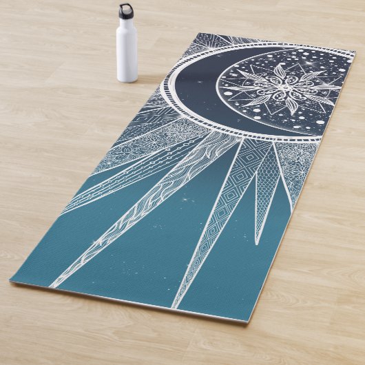 White Sun Moon Mandala Blue Gradient Design Yogamat (In situ)