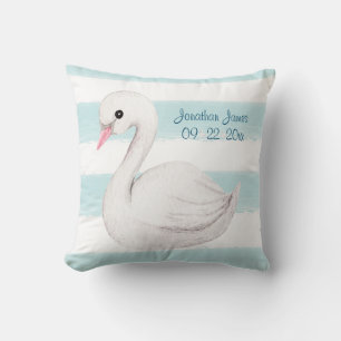 White Swan Blue Script Personalize Boy Birth Kussen