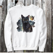 White Sweatshirt with Black Cat and Watercolor 