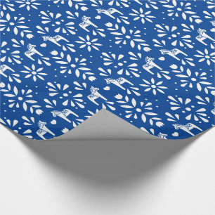 White Swedish Dala Horse Blue Holiday Gift Wrap Cadeaupapier