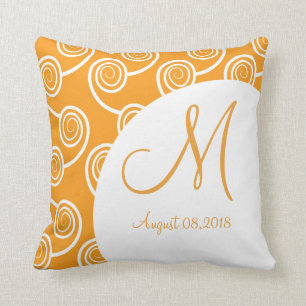 White Swirl Oranje Monogram Wedding Keepslag Kussen