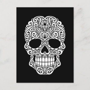 White Swirling Sugar Skull on Black Briefkaart
