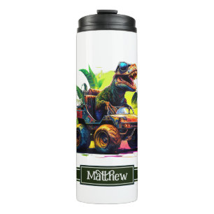 White T-Rex Riding Monster Truck Dinosaur Name Thermosbeker