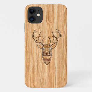 White Tail Deer Head Light Wood Graan Style iPhone 11 Hoesje