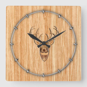 White Tail Deer Head Wood Inlay Grain Stijl Vierkante Klok